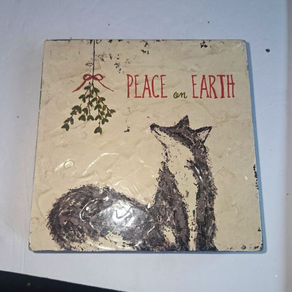 Peace on Earth Christmas Wood Square Wall Plaque Ready To Hang Fox Holly